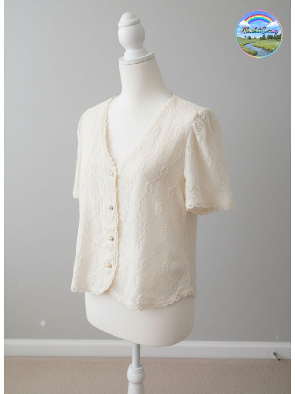 COZYEASE Floral Embroidered Button Down Blouse Frill Trim Puff Sleeve Top